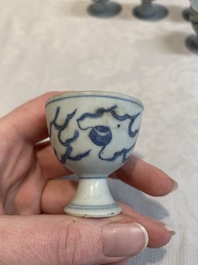 Six Chinese blue and white 'Hatcher cargo' stem cups with dragons, Transitional period