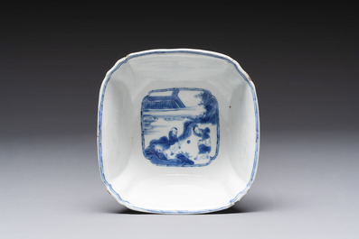 A Chinese blue and white square bowl with ladies in a garden, Kangxi mark and of the period