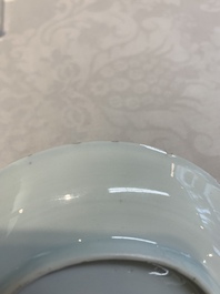 Three pairs of Chinese blue and white, famille rose and wucai saucers and plates, Tianqi and later