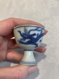 Six Chinese blue and white 'Hatcher cargo' stem cups with dragons, Transitional period