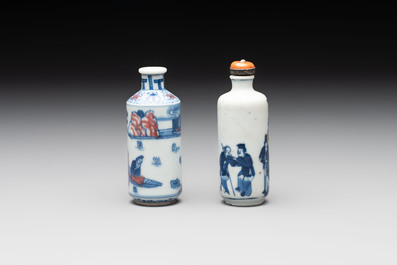 Two Chinese blue, white and copper-red snuff bottles, Yongzheng marks, 19th C.