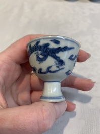 Six Chinese blue and white 'Hatcher cargo' stem cups with dragons, Transitional period