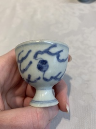 Six Chinese blue and white 'Hatcher cargo' stem cups with dragons, Transitional period