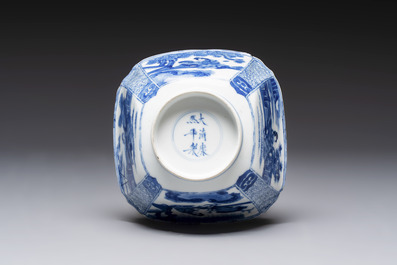 A Chinese blue and white square bowl with ladies in a garden, Kangxi mark and of the period