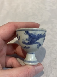 Six Chinese blue and white 'Hatcher cargo' stem cups with dragons, Transitional period