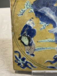 A Chinese green-and-yellow-enamelled blue and white 'Long Eliza' tile, Kangxi