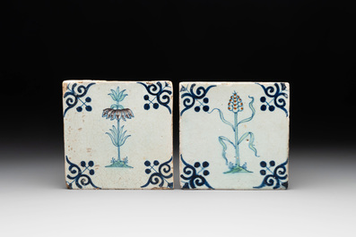 Five polychrome Dutch Delft 'flower' tiles, 17th C.