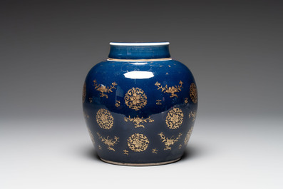 A Chinese gilt-decorated blue-ground jar and cover with floral design, Qianlong