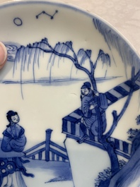 Three pairs of Chinese blue and white, famille rose and wucai saucers and plates, Tianqi and later