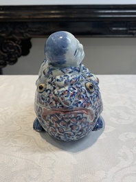 A Chinese blue, white and copper-red 'Liuhai on the three-legged toad' censer and cover, 19th C.