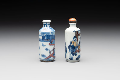 Two Chinese blue, white and copper-red snuff bottles, Yongzheng marks, 19th C.