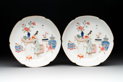 Three pairs of Chinese blue and white, famille rose and wucai saucers and plates, Tianqi and later