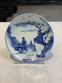Three pairs of Chinese blue and white, famille rose and wucai saucers and plates, Tianqi and later