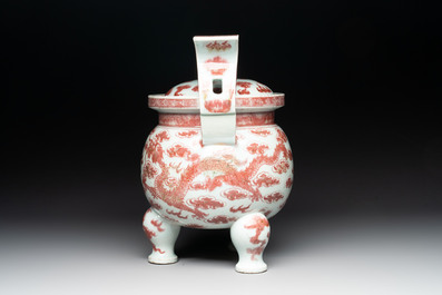 A Chinese copper-red and white 'dragon' censer and cover, 19th C.