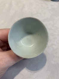 Six Chinese blue and white 'Hatcher cargo' stem cups with dragons, Transitional period