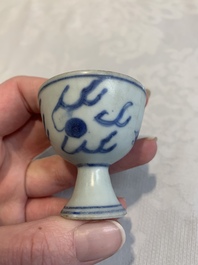 Six Chinese blue and white 'Hatcher cargo' stem cups with dragons, Transitional period