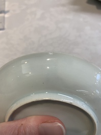 Three pairs of Chinese blue and white, famille rose and wucai saucers and plates, Tianqi and later