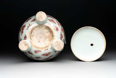 A Chinese copper-red and white 'dragon' censer and cover, 19th C.