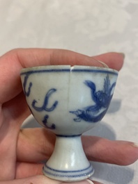 Six Chinese blue and white 'Hatcher cargo' stem cups with dragons, Transitional period
