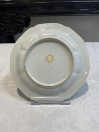 Three pairs of Chinese blue and white, famille rose and wucai saucers and plates, Tianqi and later