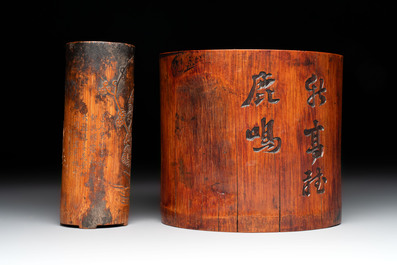 Two Chinese carved bamboo brush pots and an ink stone with wooden cover and stand, signed He Xuanting 何選廷 and Dian Liangbi 典良弼, 19th C.