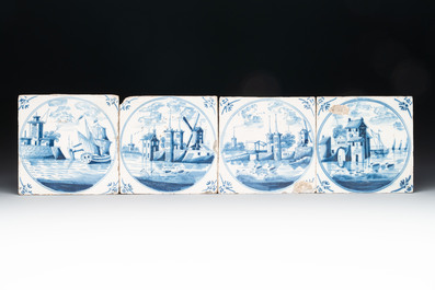 16 blue and white Dutch Delft tiles and one manganese 'ship' tile, 18th C.