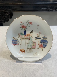 Three pairs of Chinese blue and white, famille rose and wucai saucers and plates, Tianqi and later