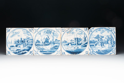 16 blue and white Dutch Delft tiles and one manganese 'ship' tile, 18th C.