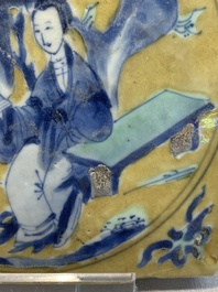 A Chinese green-and-yellow-enamelled blue and white 'Long Eliza' tile, Kangxi