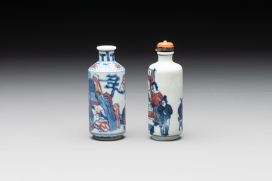 Two Chinese blue, white and copper-red snuff bottles, Yongzheng marks, 19th C.