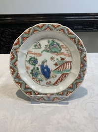 Three pairs of Chinese blue and white, famille rose and wucai saucers and plates, Tianqi and later