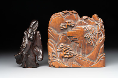 A Chinese burlwood figure of Shoulao and a boxwood group of five sages and a servant, Mugong 木公 mark, 19/20th C.