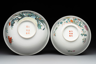Three Chinese famille rose bowls with floral design, Qianlong, Guangxu and Jiangxi Ciye mark, 19/20th C.