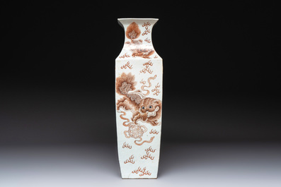 A Chinese iron-red and white 'Buddhist lion' square vase, Chenghua mark, 19/20th C.