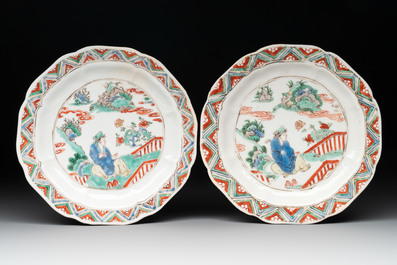 Three pairs of Chinese blue and white, famille rose and wucai saucers and plates, Tianqi and later