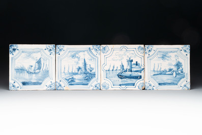 16 blue and white Dutch Delft tiles and one manganese 'ship' tile, 18th C.