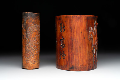 Two Chinese carved bamboo brush pots and an ink stone with wooden cover and stand, signed He Xuanting 何選廷 and Dian Liangbi 典良弼, 19th C.