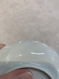 Three pairs of Chinese blue and white, famille rose and wucai saucers and plates, Tianqi and later