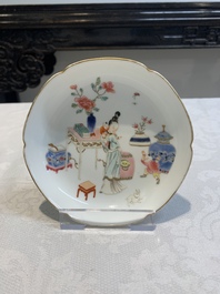 Three pairs of Chinese blue and white, famille rose and wucai saucers and plates, Tianqi and later