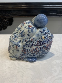 A Chinese blue, white and copper-red 'Liuhai on the three-legged toad' censer and cover, 19th C.