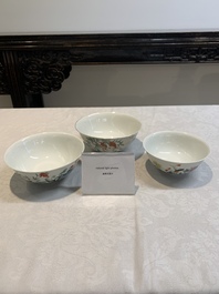 Three Chinese famille rose bowls with floral design, Qianlong, Guangxu and Jiangxi Ciye mark, 19/20th C.