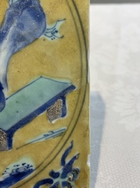 A Chinese green-and-yellow-enamelled blue and white 'Long Eliza' tile, Kangxi