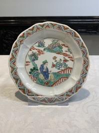 Three pairs of Chinese blue and white, famille rose and wucai saucers and plates, Tianqi and later