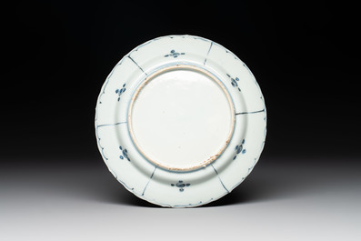 A Chinese blue and white 'kraak' dish and a plate with deer and birds, Wanli