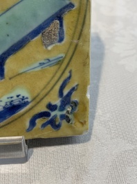 A Chinese green-and-yellow-enamelled blue and white 'Long Eliza' tile, Kangxi