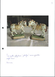 A pair of polychrome and gilt-decorated Dutch Delft petit feu horses, 18th C.