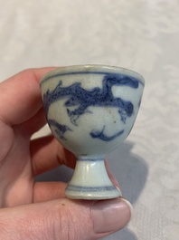 Six Chinese blue and white 'Hatcher cargo' stem cups with dragons, Transitional period