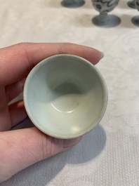 Six Chinese blue and white 'Hatcher cargo' stem cups with dragons, Transitional period