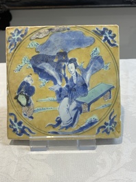 A Chinese green-and-yellow-enamelled blue and white 'Long Eliza' tile, Kangxi