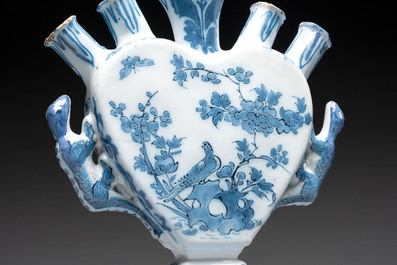 A blue and white Dutch Delft heart-shaped tulip vase, late 17th C.